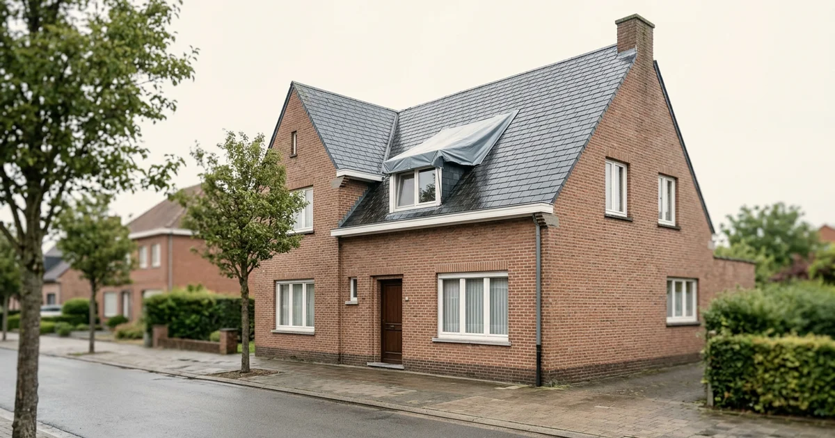 Toiture de tuiles avec une bâche de protection après une tempête