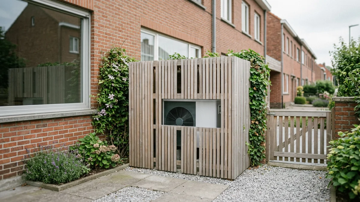 Pompe à chaleur extérieure entourée d'un écran acoustique en bois dans un jardin