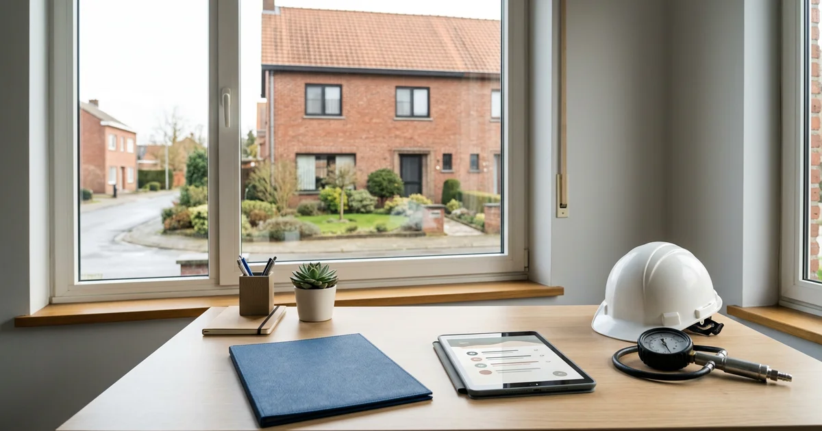 Bureau avec dossier de certificat, tablette et casque de chantier
