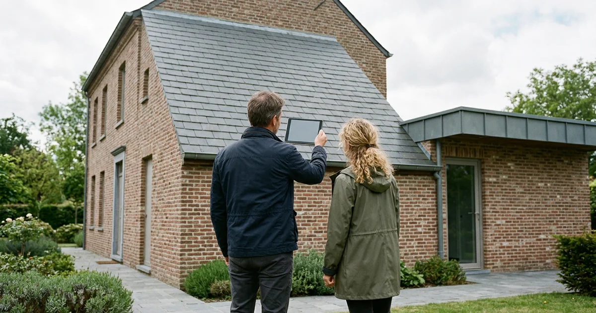 Deux personnes vues de dos devant une maison en briques, regardant le toit, une tablette en main