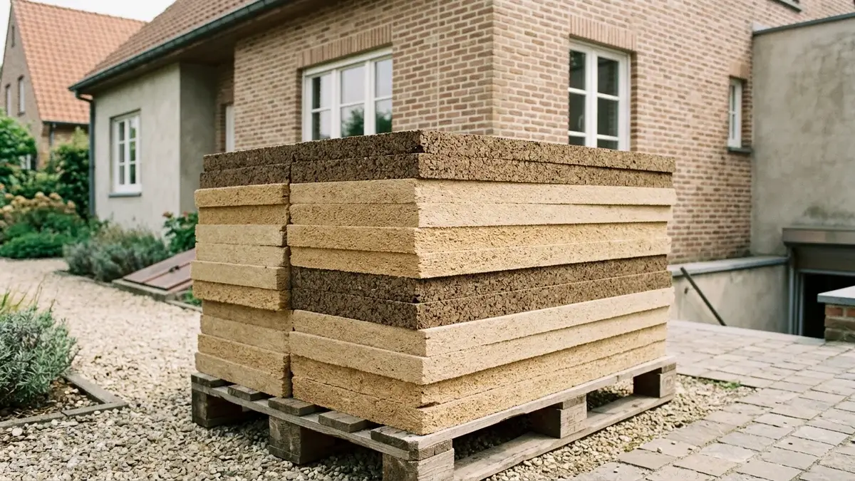 Panneaux de liège et de fibre de bois empilés sur une palette