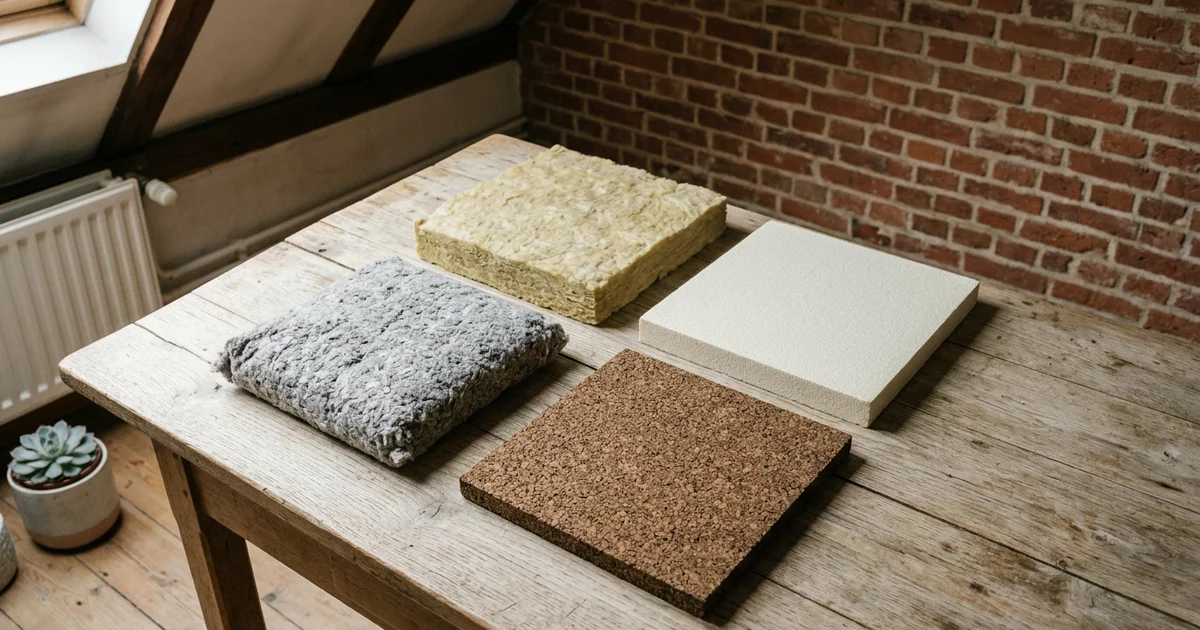 Échantillons d'isolants sans marque posés sur une table en bois