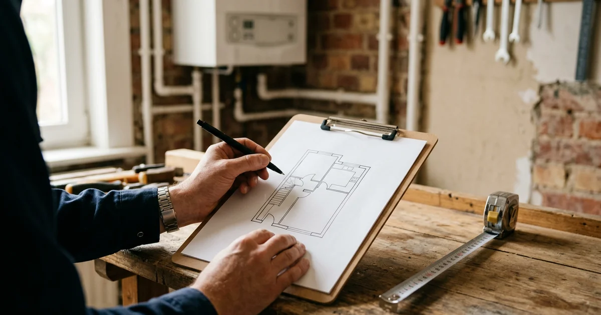 Technicien esquissant le plan d'une maison pour dimensionner le chauffage