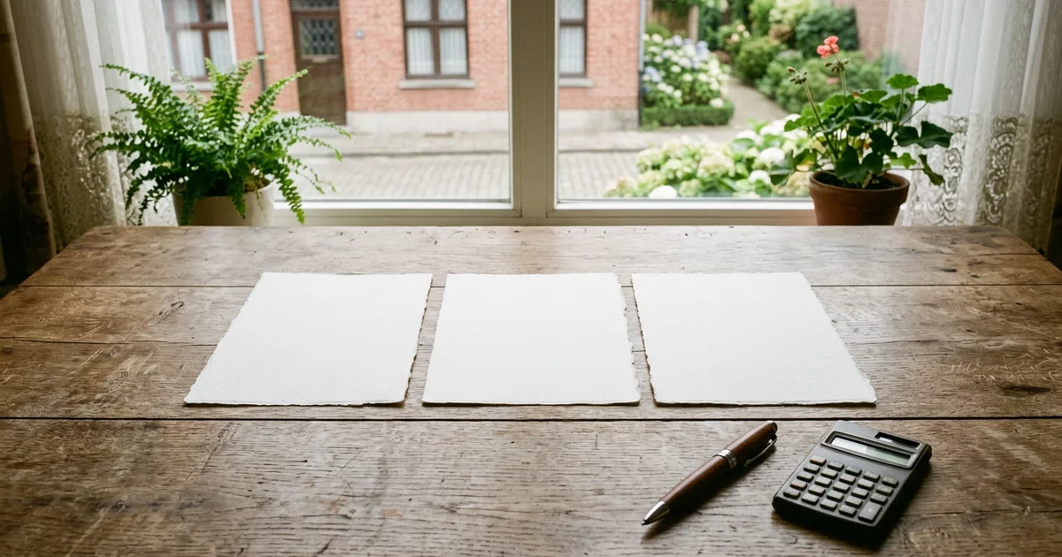 Trois devis sur une table en bois avec un stylo et une calculatrice, vus du dessus