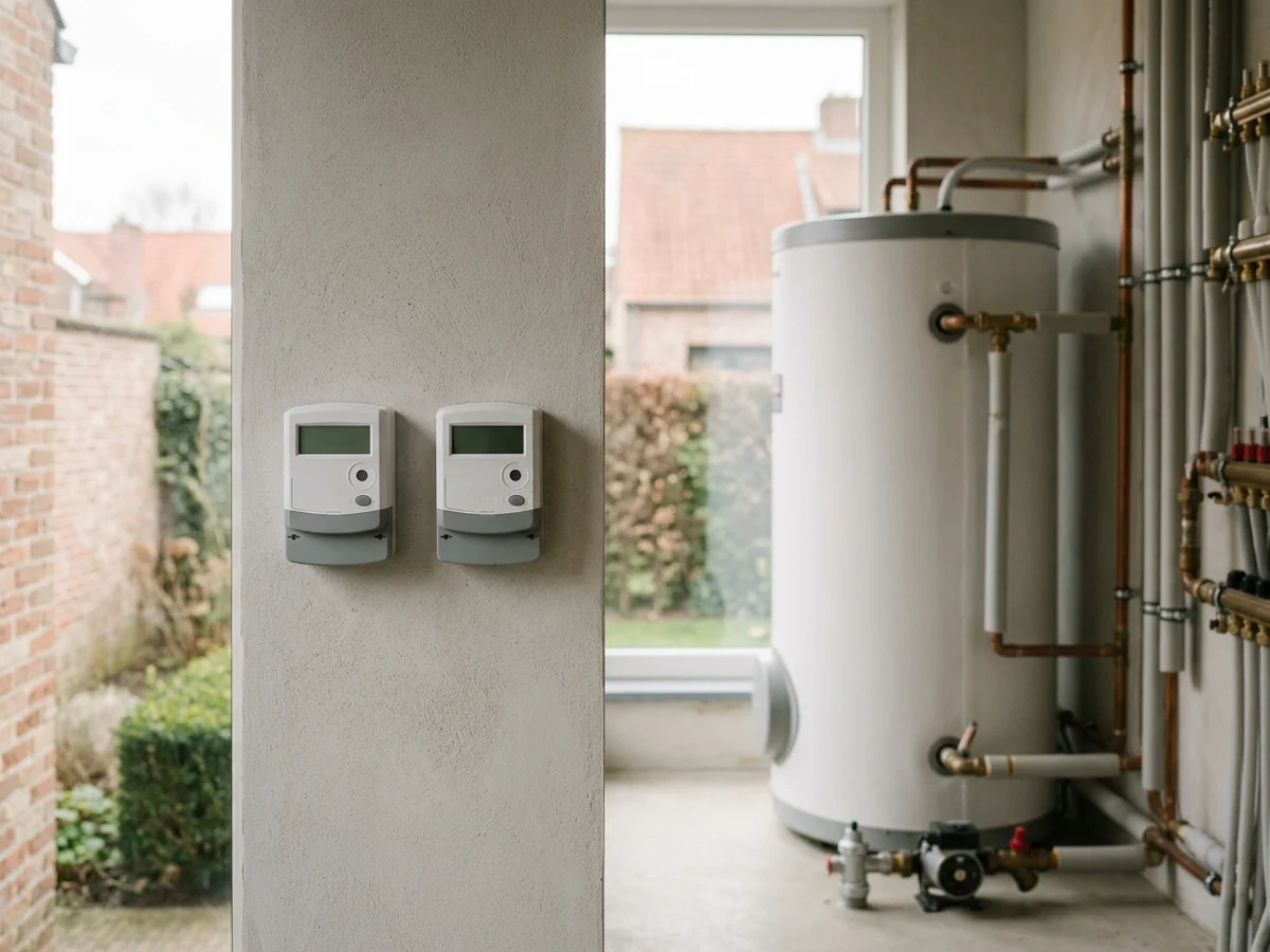Compteurs d'électricité et de chaleur dans un local technique de maison