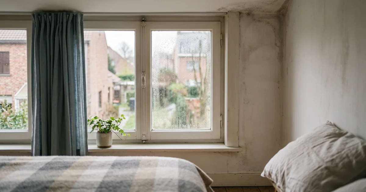 Vitre de chambre couverte de gouttelettes de condensation et coin de mur humide
