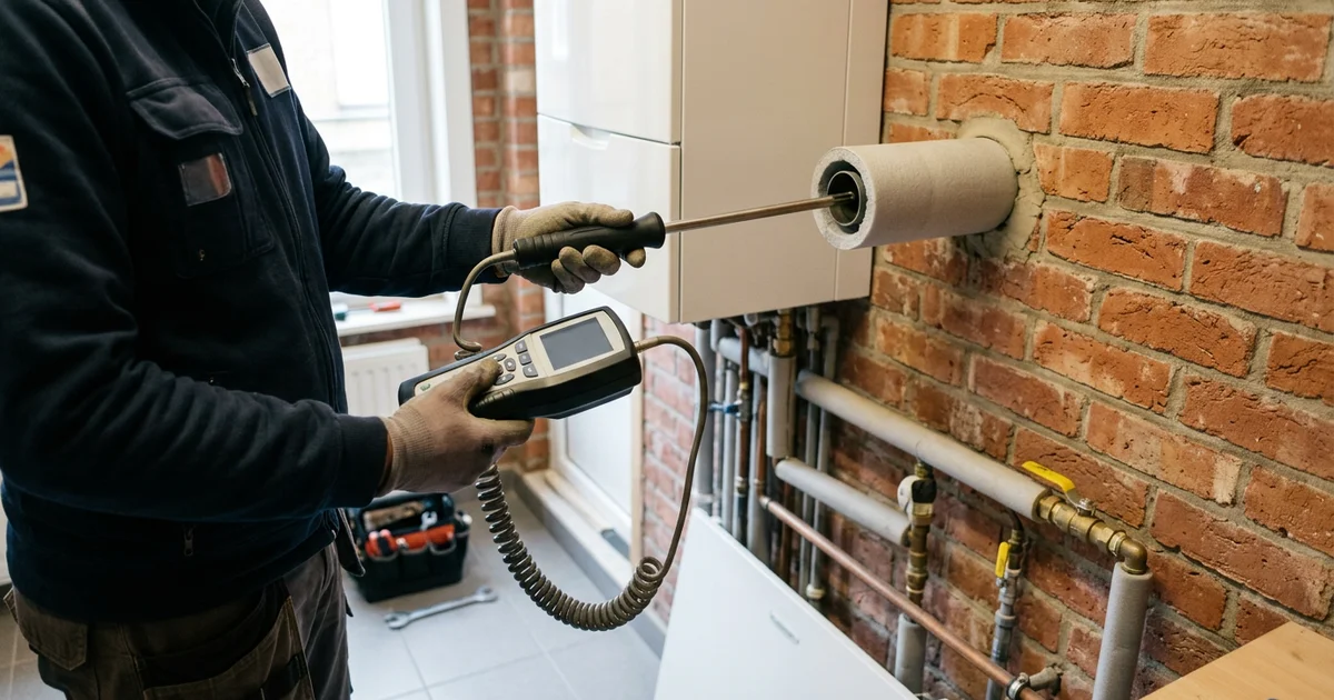 Technicien mesurant la combustion d'une chaudière avec un analyseur de fumées