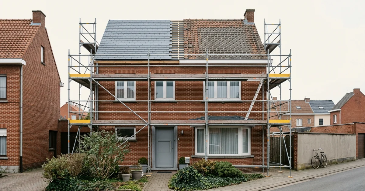 Échafaudage dressé devant une maison pendant des travaux de toiture