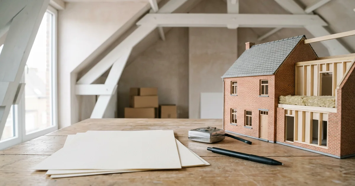 Feuilles de devis vierges, stylo et mètre ruban près d'une maquette de maison