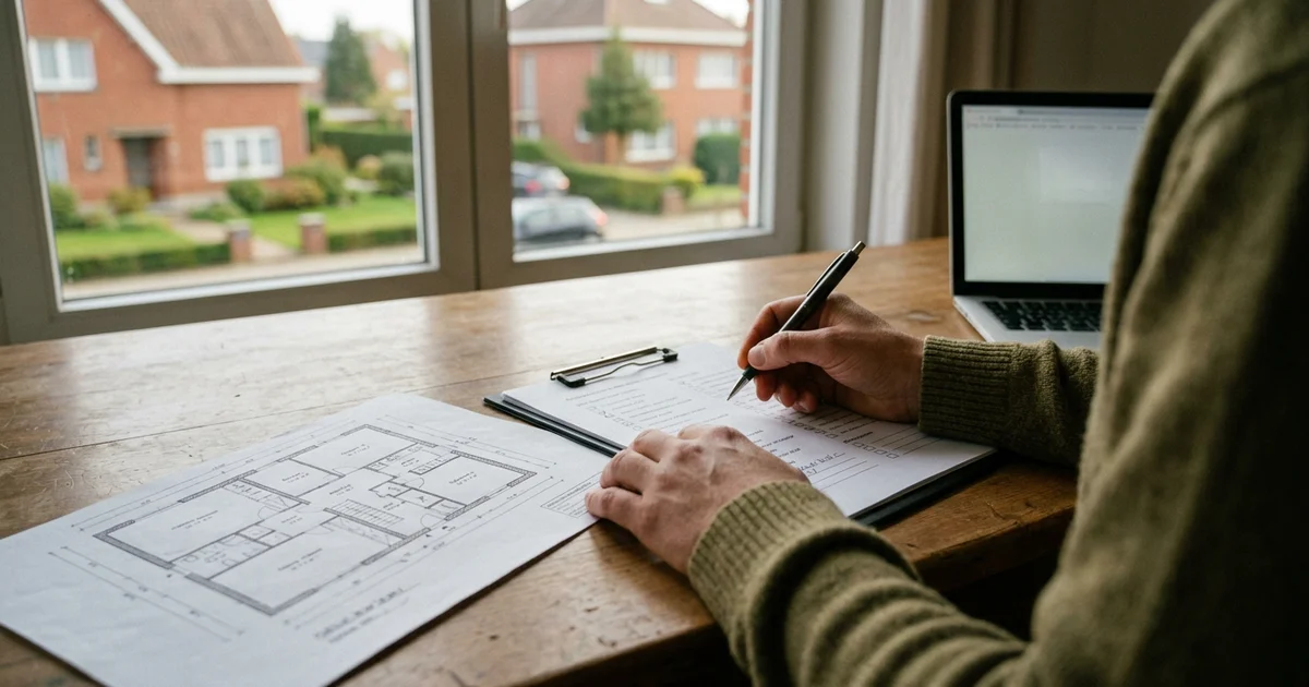 Mains d'un particulier remplissant une liste de contrôle à côté du plan d'une maison en briques