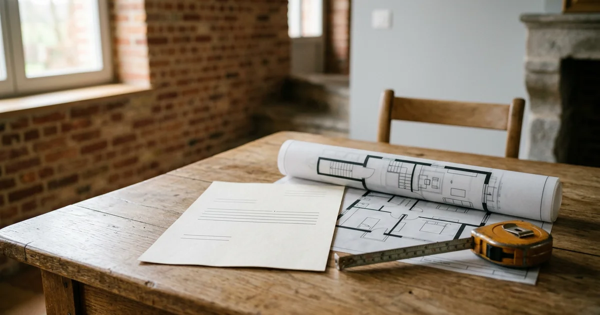 Devis imprimé et plan de maison sur une table avec un mètre ruban