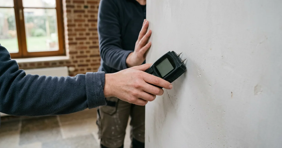Technicien mesurant l'humidité d'un mur avec un appareil à écran vierge