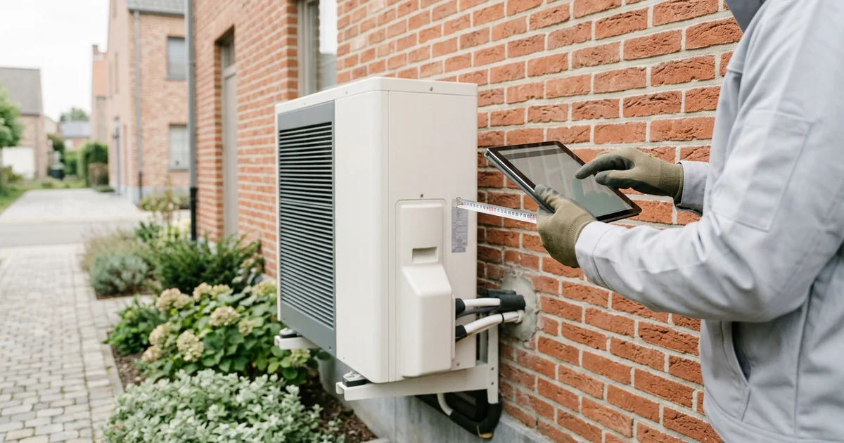 Technicien évaluant l'emplacement d'une pompe à chaleur contre la façade d'une maison