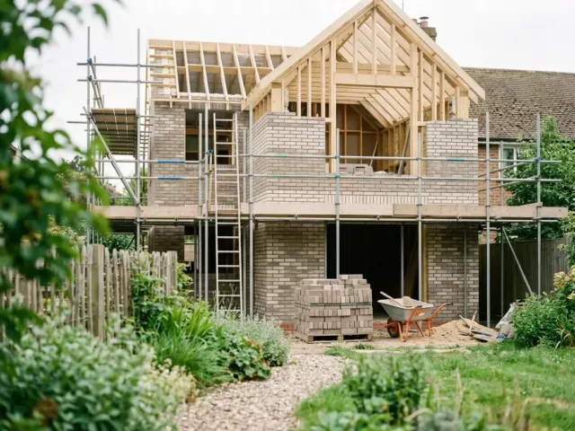 Chantier de construction d'une maison en briques avec échafaudage