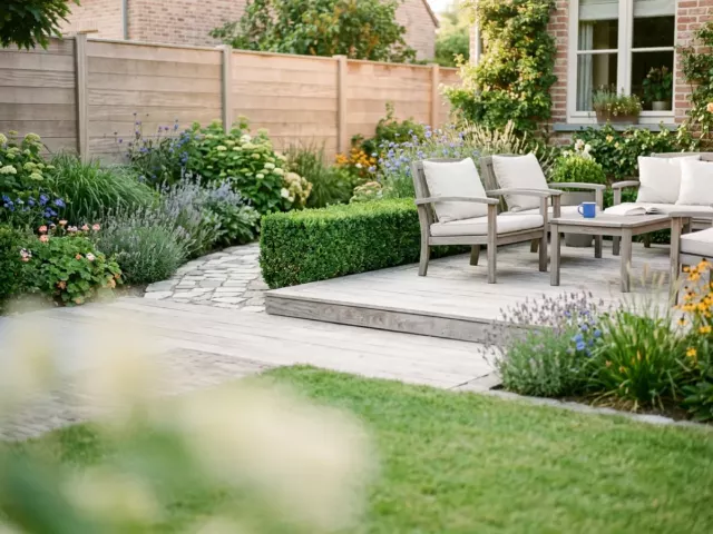 Jardin soigné avec terrasse en bois, haie basse et massifs fleuris