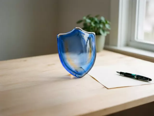 Bouclier stylisé en verre bleu posé sur un bureau à côté d'un document vierge