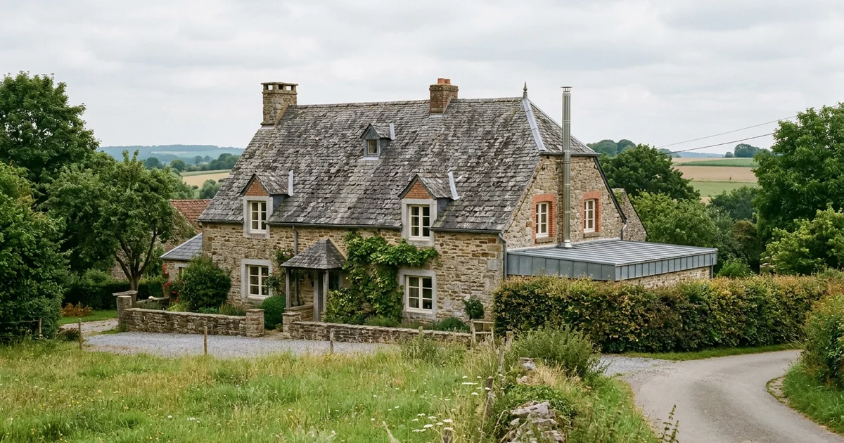 Toiture d'ardoises ancienne sur une maison de pierre