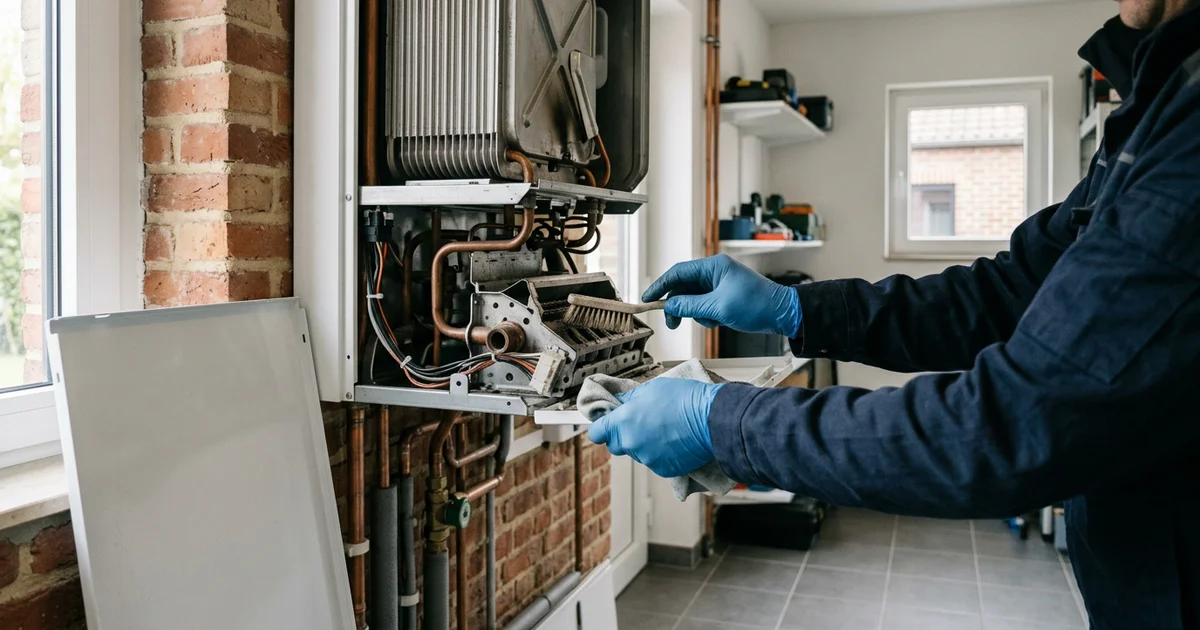 Mains gantées d'un technicien nettoyant le brûleur d'une chaudière