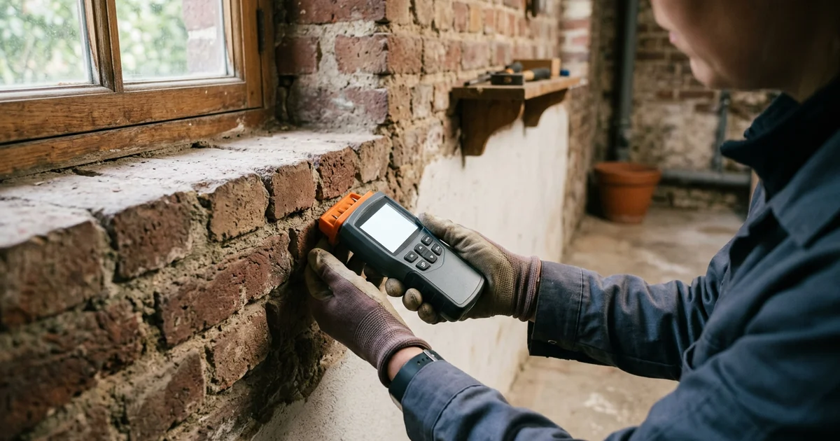 Technicien relevant l'humidité d'un mur de cave avec un appareil de mesure