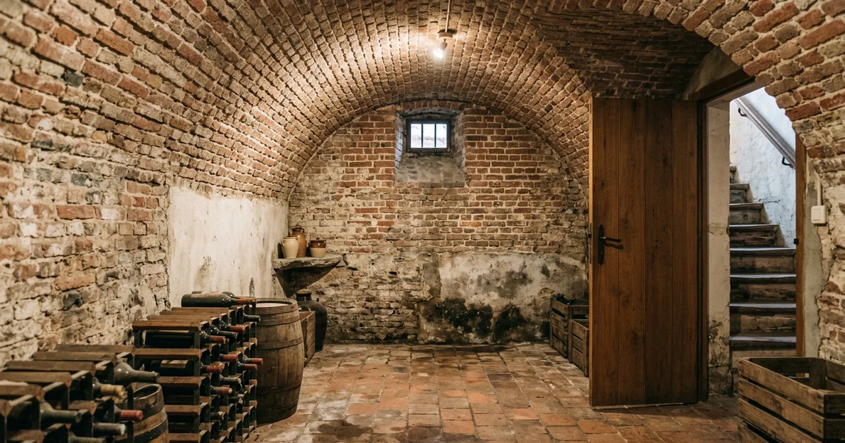 Cave voûtée en brique avec des traces d'humidité au bas des murs