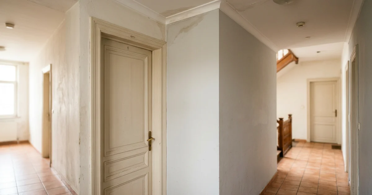 Couloir d'immeuble avec une porte d'appartement et un mur légèrement taché