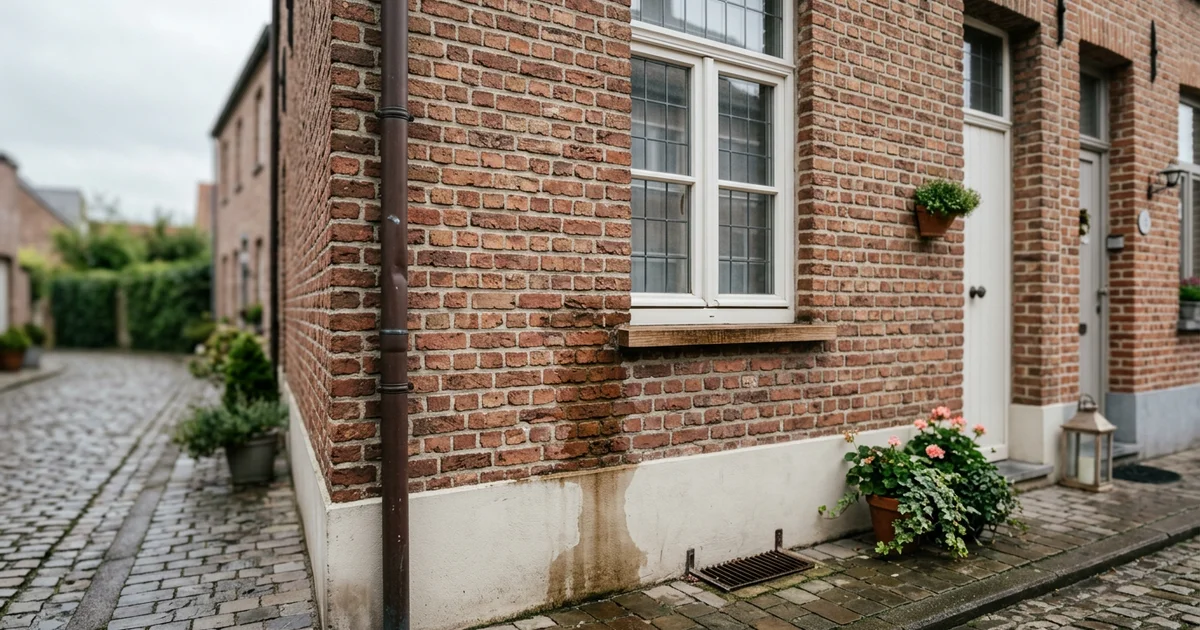 Gouttière de façade en briques avec traces d'eau sur le mur