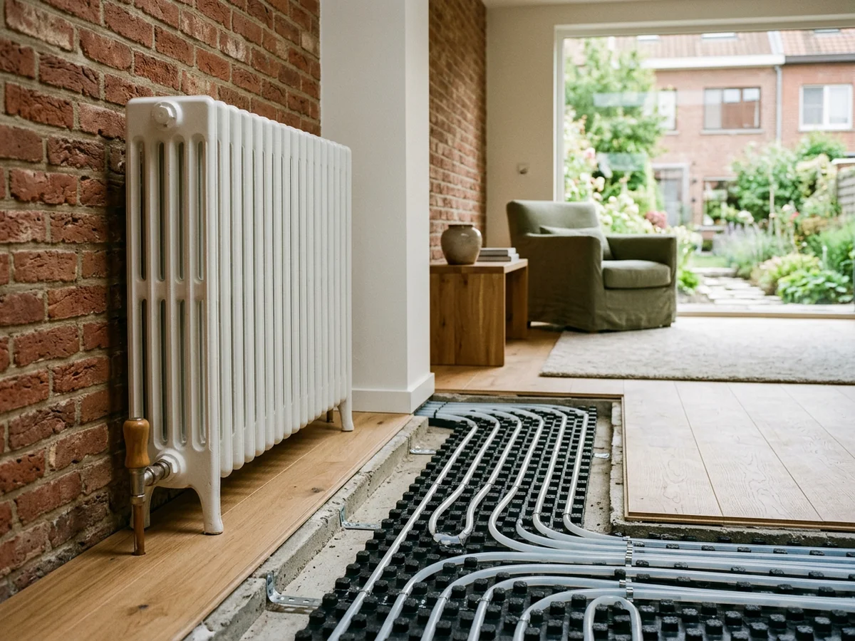 Radiateur blanc et tuyaux de chauffage par le sol dans un salon rénové