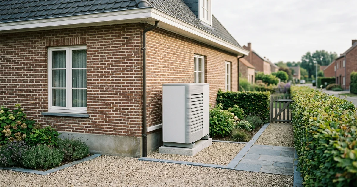 Unité extérieure de pompe à chaleur air-eau sur le côté d'une maison isolée belge
