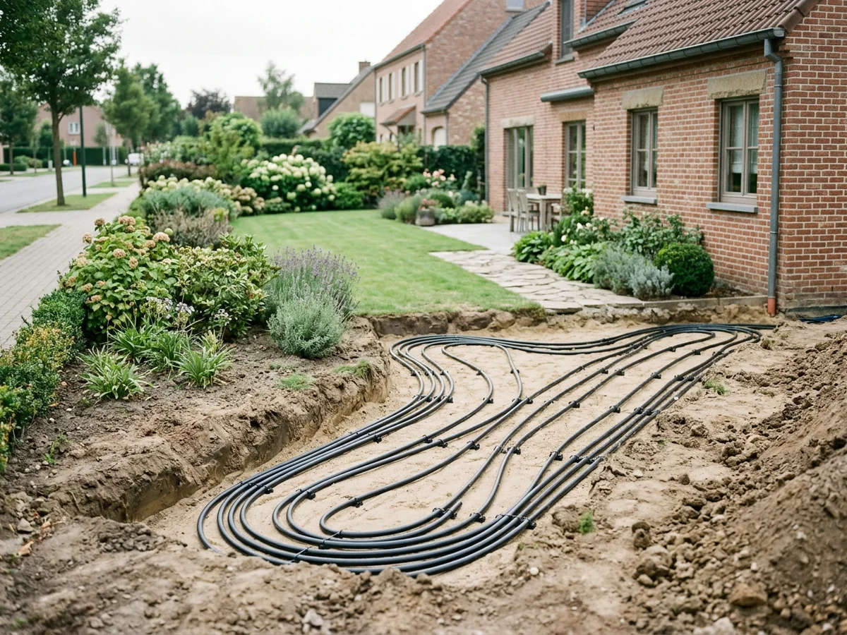 Tuyaux de captage géothermique horizontal posés dans une tranchée de jardin