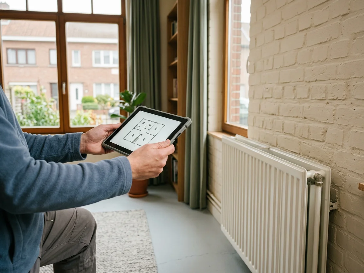 Technicien consultant un plan du logement sur tablette dans un salon équipé de radiateurs