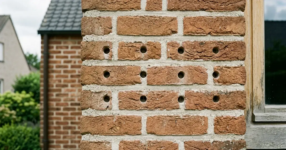 Gros plan sur un mur de briques avec trous d'injection dans les joints