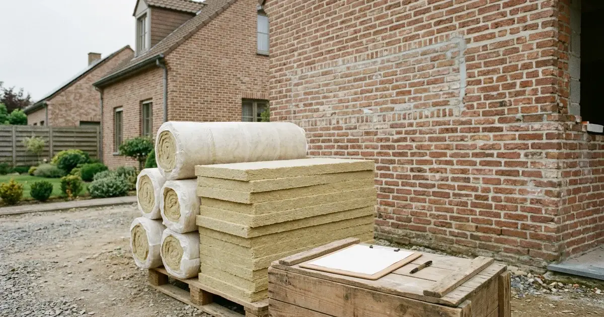 Rouleaux et panneaux d'isolant empilés devant une maison en briques