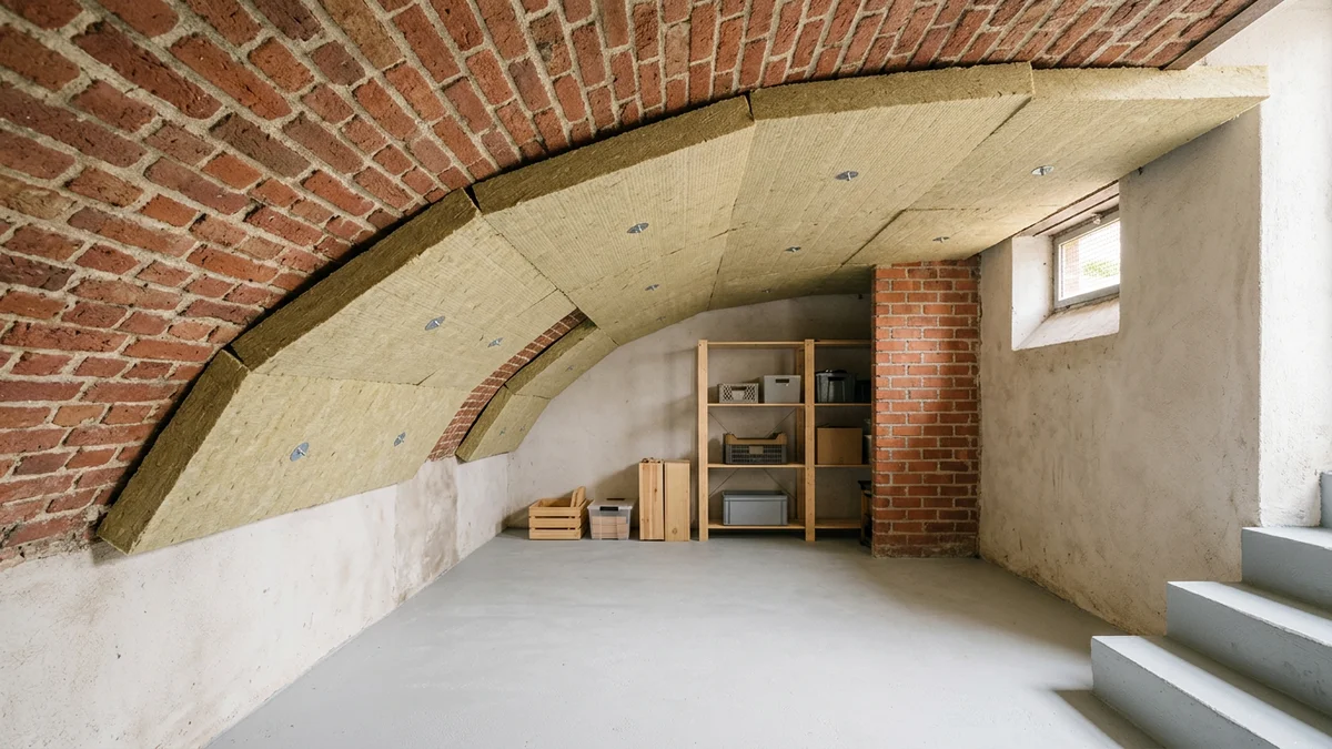 Plafond de cave en briques avec panneaux isolants fixés dessous