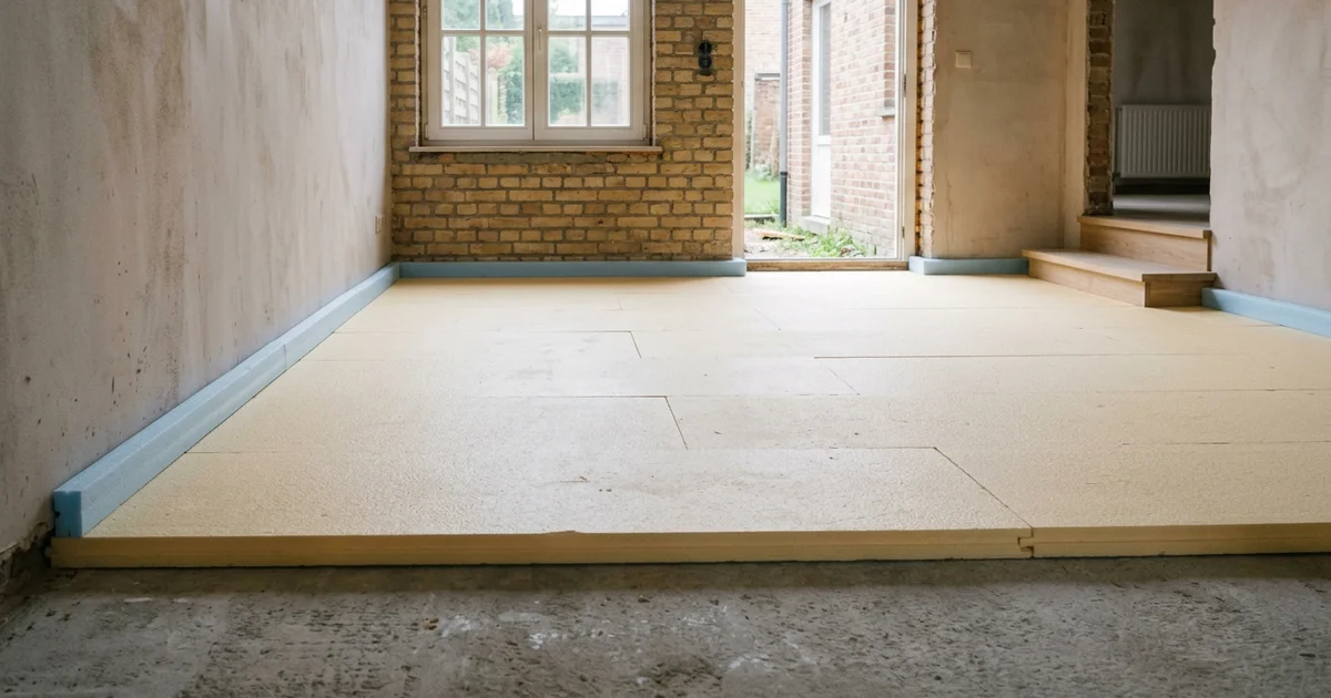 Panneaux isolants posés sur une dalle de béton avant la chape
