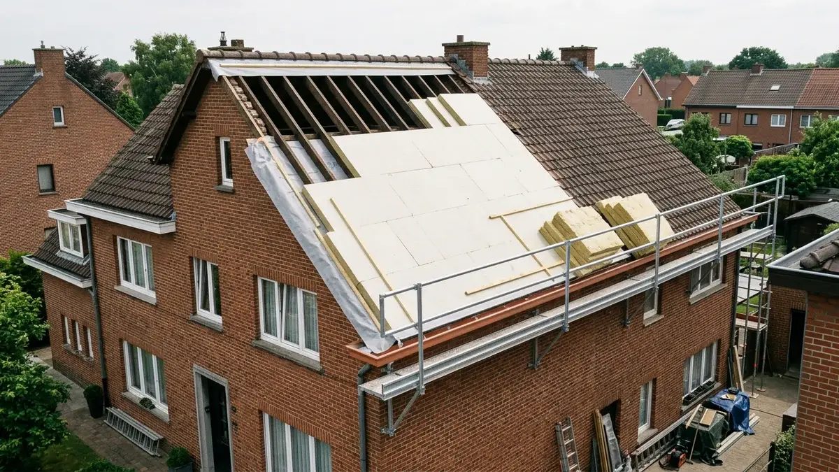 Toit incliné en rénovation avec panneaux isolants posés sur les chevrons