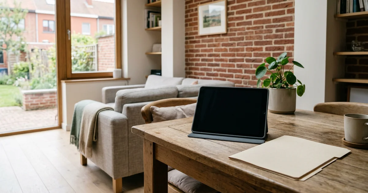 Tablette à écran vide et dossier sur une table dans un séjour lumineux
