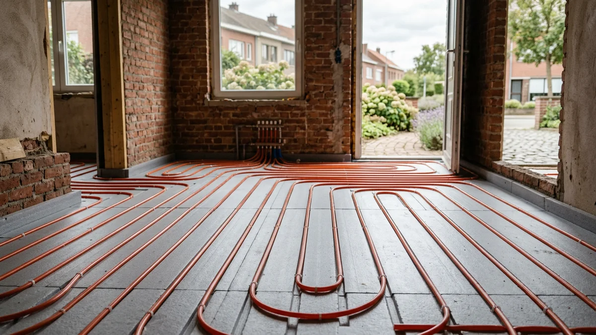 Tuyaux de chauffage par le sol posés sur un isolant pendant des travaux
