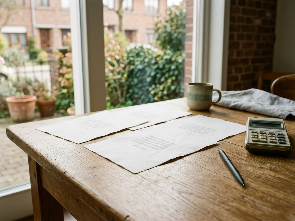 Trois devis papier posés côte à côte sur une table, avec une calculatrice