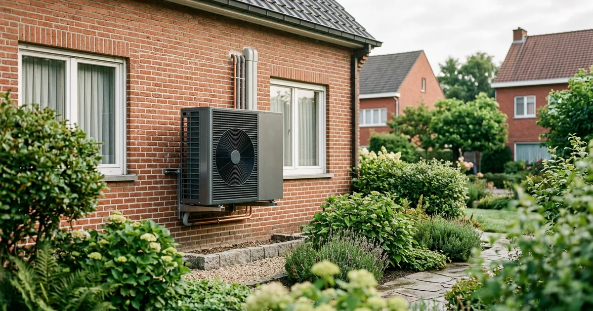 Unité extérieure d'une pompe à chaleur installée contre la façade en briques d'une maison belge