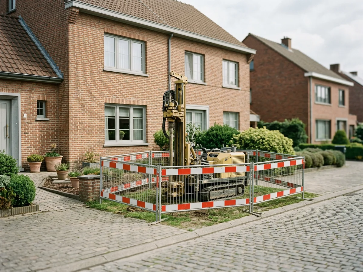 Foreuse compacte dans un jardin résidentiel entourée de barrières