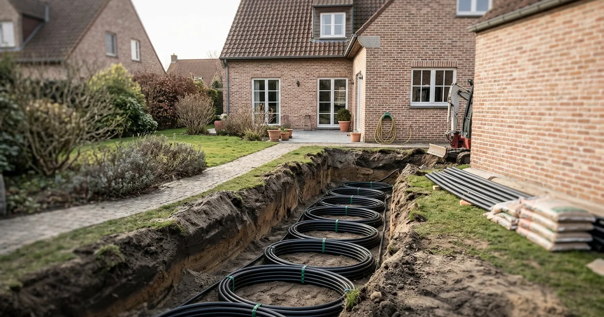 Tranchée avec tuyaux de captage géothermique dans un jardin belge