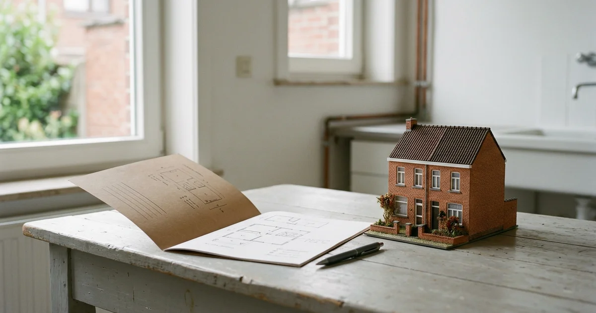 Dossier de rénovation posé sur une table à côté d'une maquette de maison