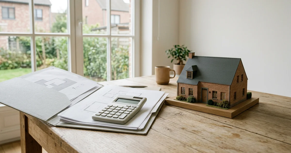Dossier de documents et calculatrice près d'une petite maquette de maison