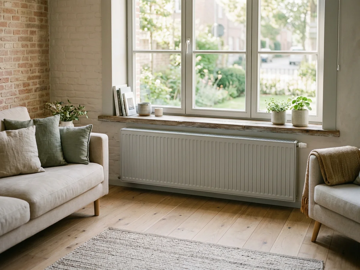 Radiateur de grande surface sous une fenêtre dans un salon rénové