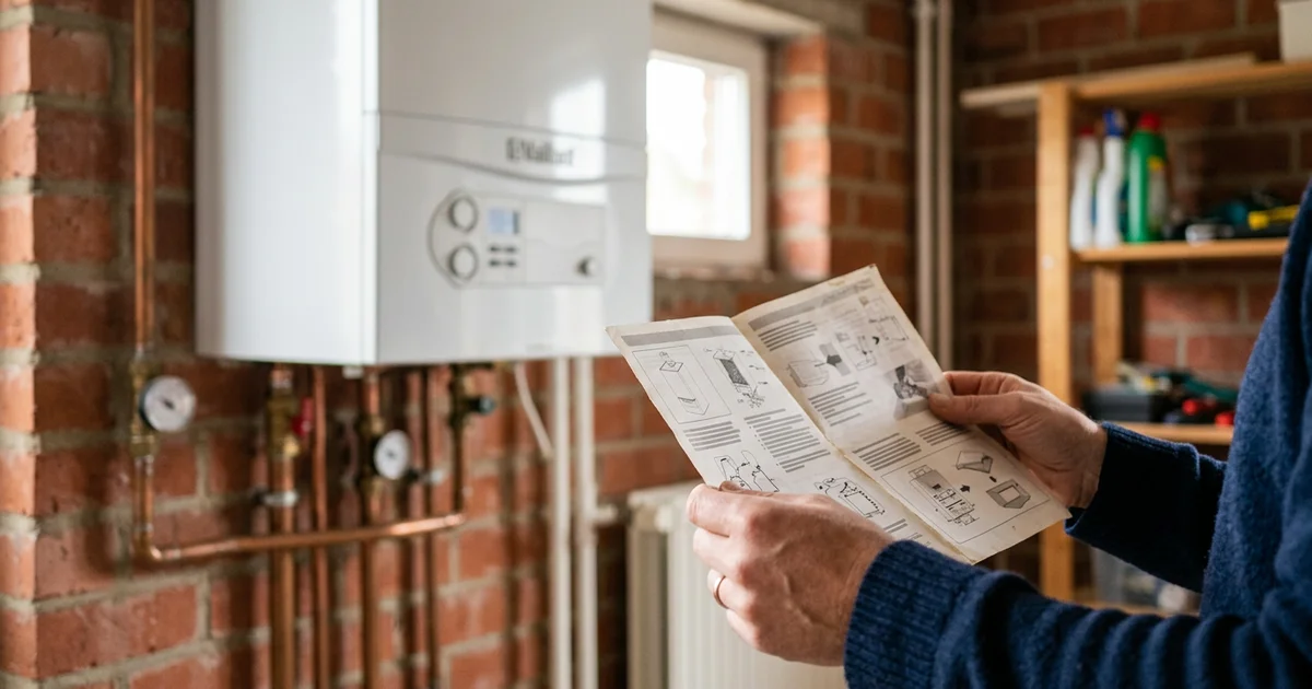 Mains tenant la fiche technique d'une chaudière dans un local technique