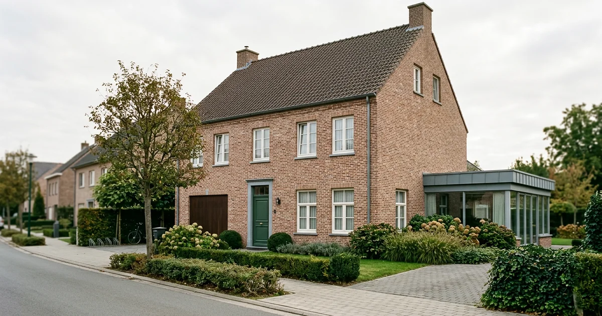 Maison de brique à toiture de tuiles vue depuis la rue