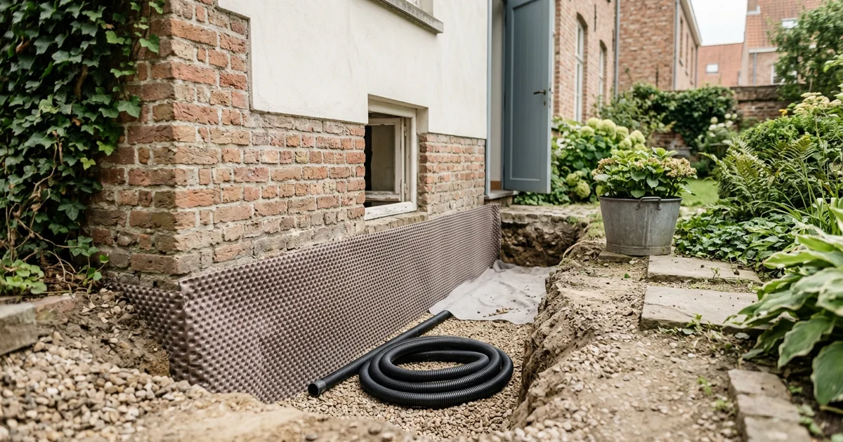 Tranchée le long d'une façade en brique avec membrane alvéolée et drain perforé