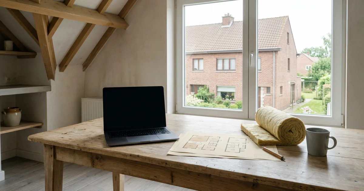 Ordinateur portable à l'écran vierge et plans sur une table de cuisine