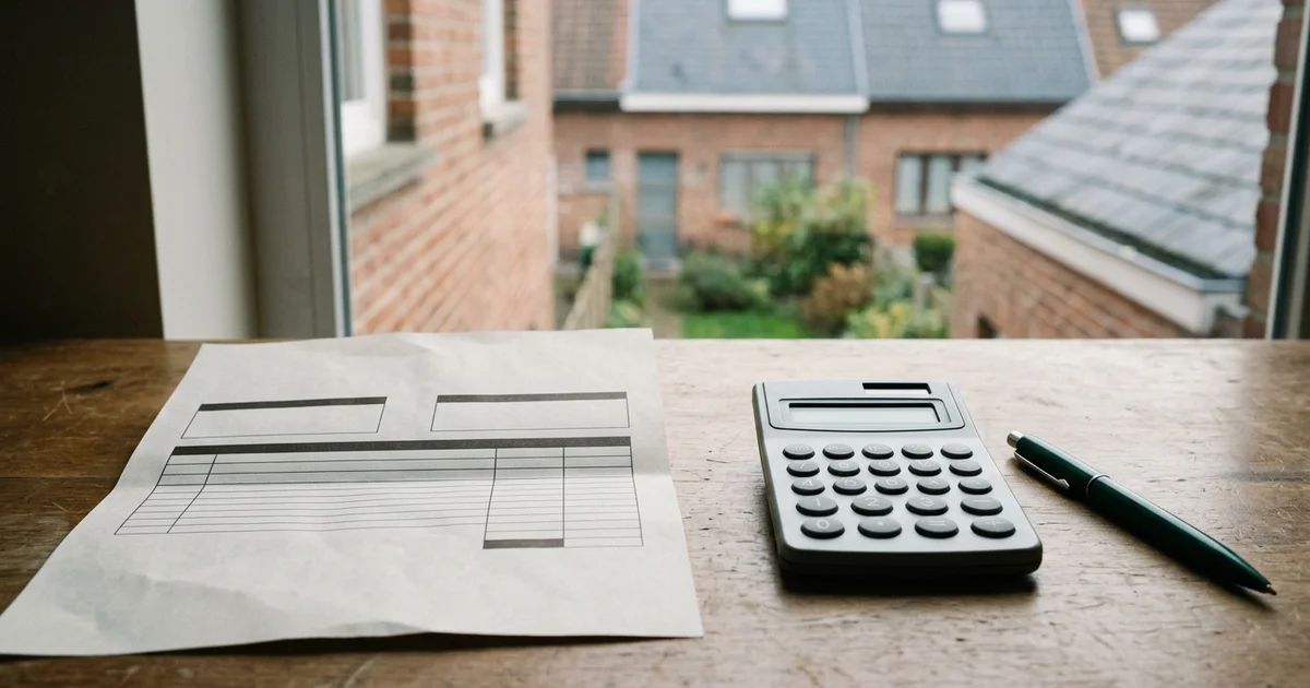 Facture de travaux, calculatrice et stylo posés sur un bureau