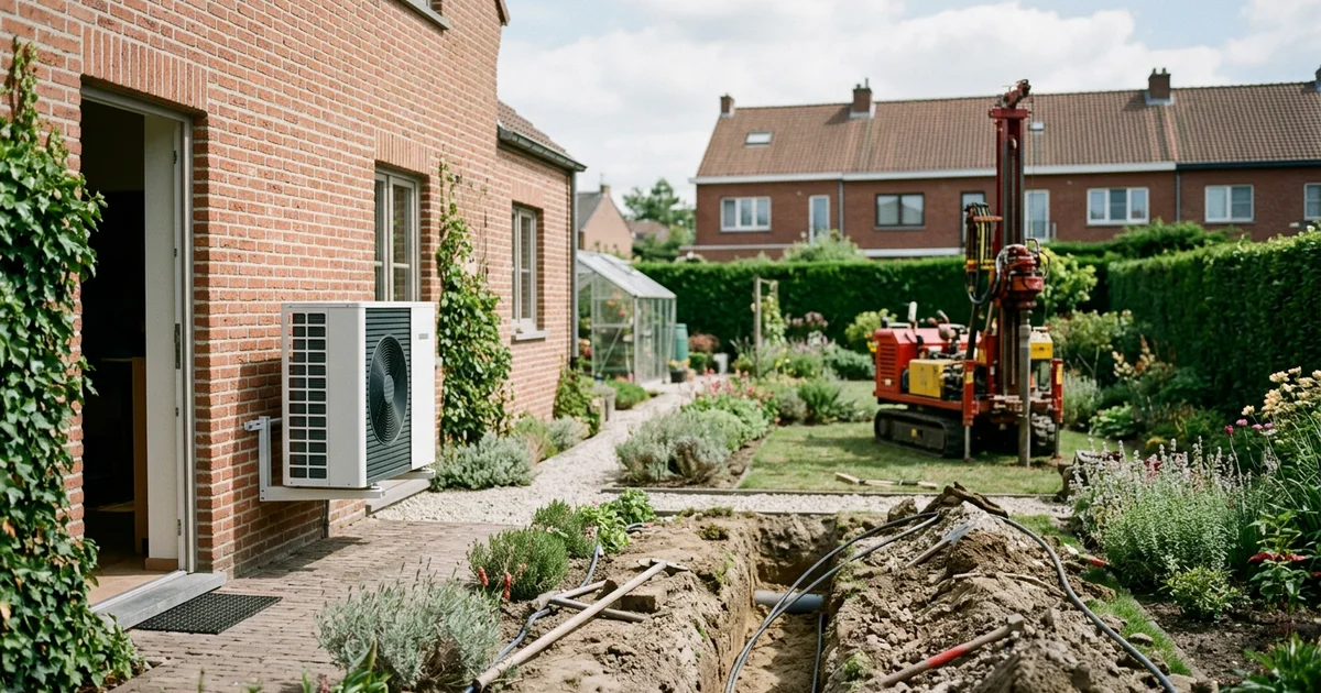 Trois installations de pompe à chaleur : unité extérieure, captage dans le sol et forage
